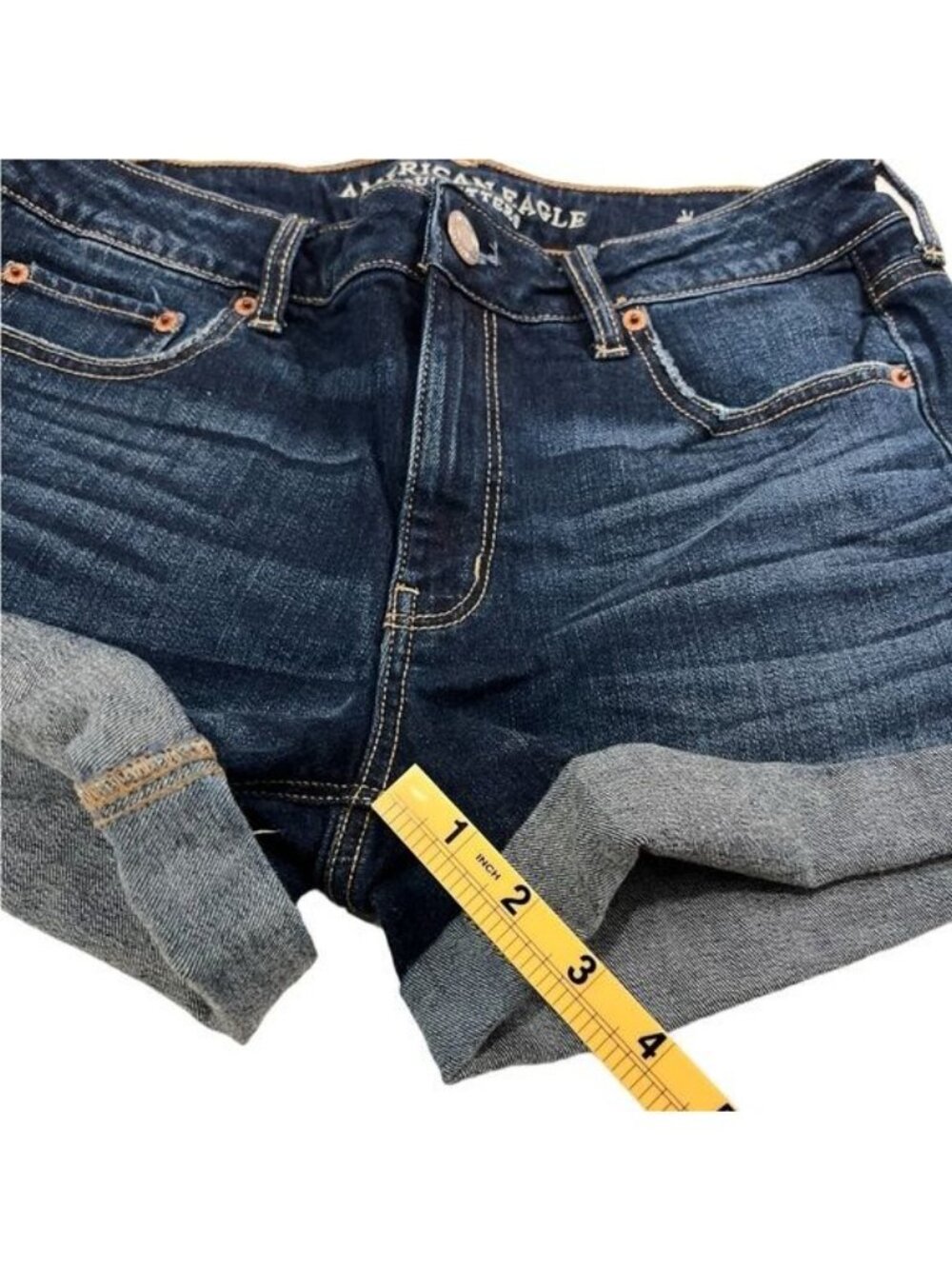 American Eagle Tomgirl Midi Size 8 Stretch Dark Medium Rinse Denim Shorts Cuffed - Picture 5 of 13